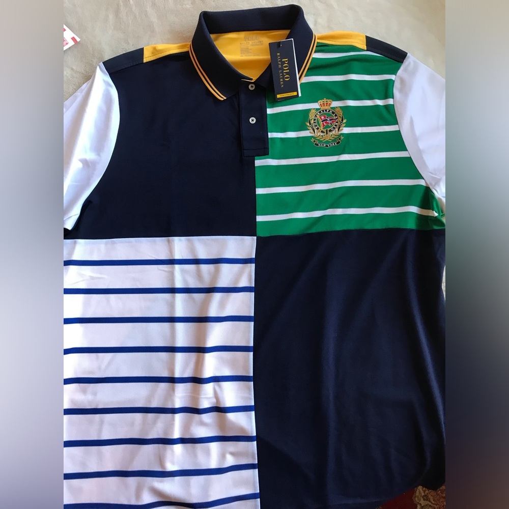 Polo Ralph Lauren Nantucket Crest Navy and Green Striped Yachting Shirt RLYC - Picture 3 of 14